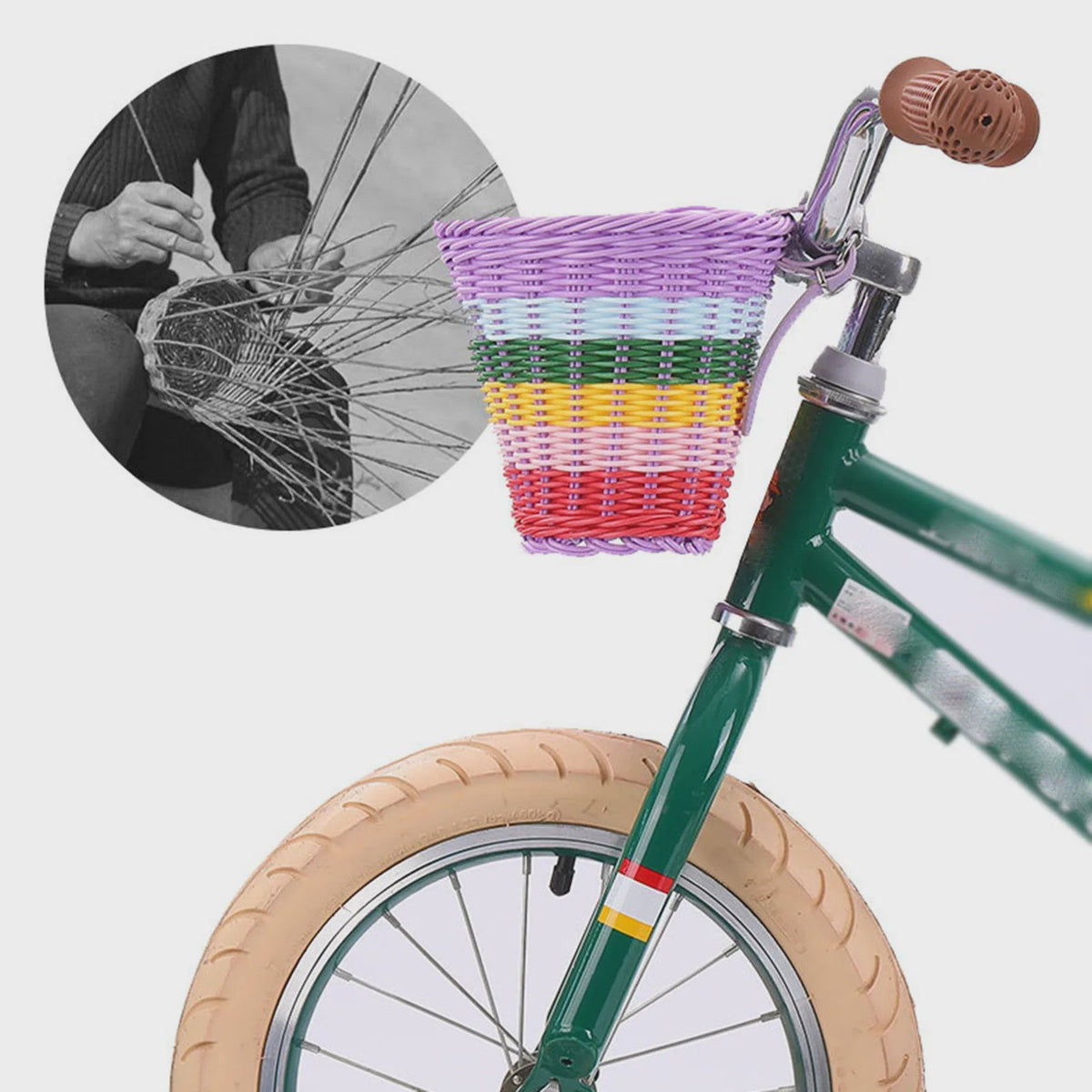 Regenboog kinderfietsmand rotan-look