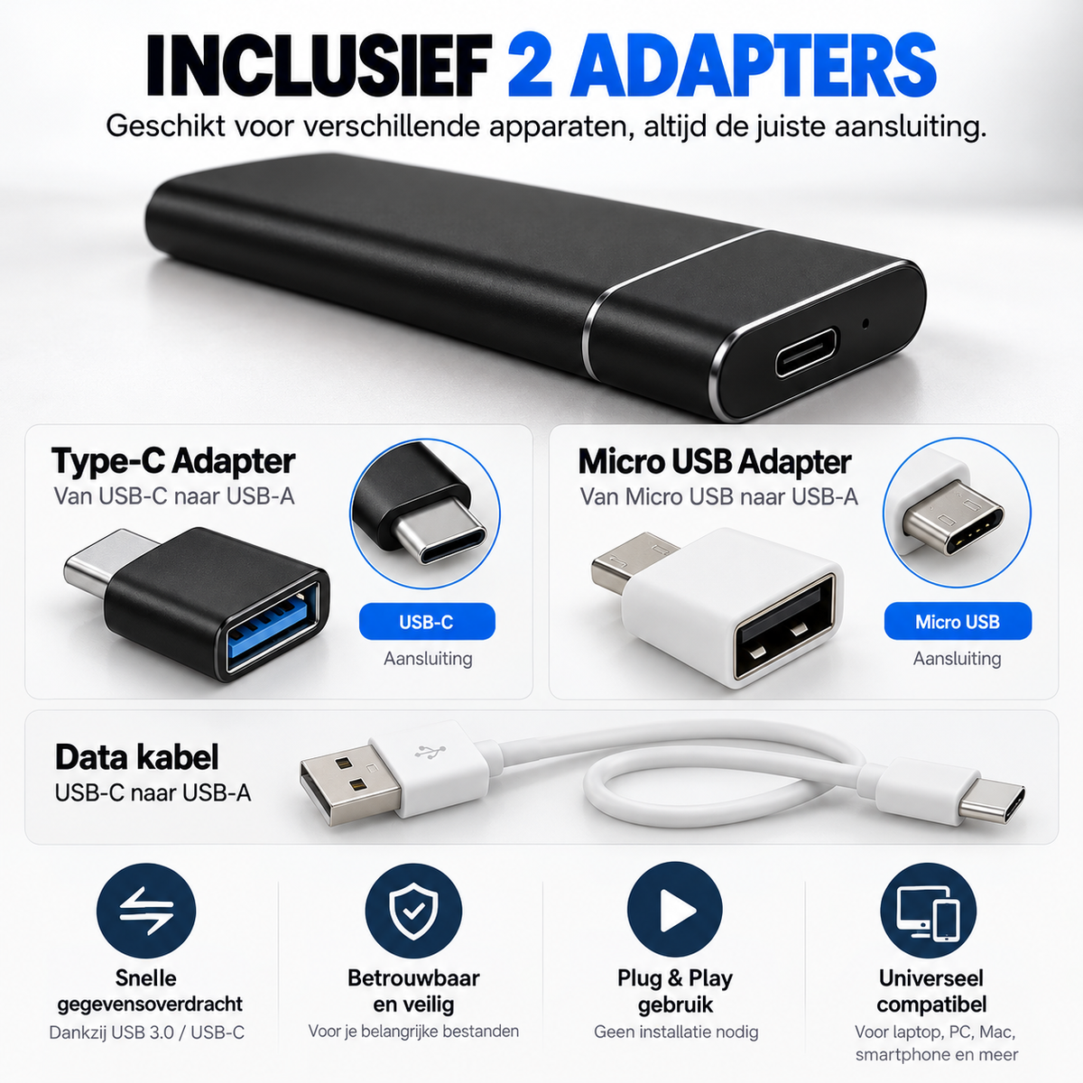 4TB Externe SSD Schijf - USB-C & USB 3.0 - Portable Opslag - Plug & Play