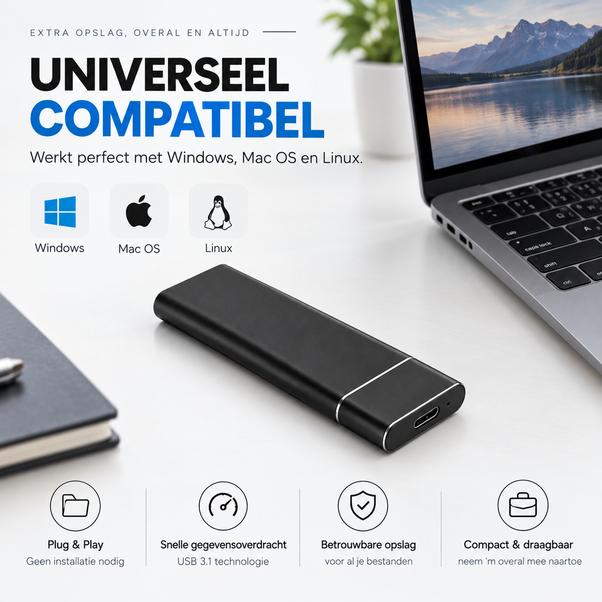 4TB Externe SSD Schijf - USB-C & USB 3.0 - Portable Opslag - Plug & Play
