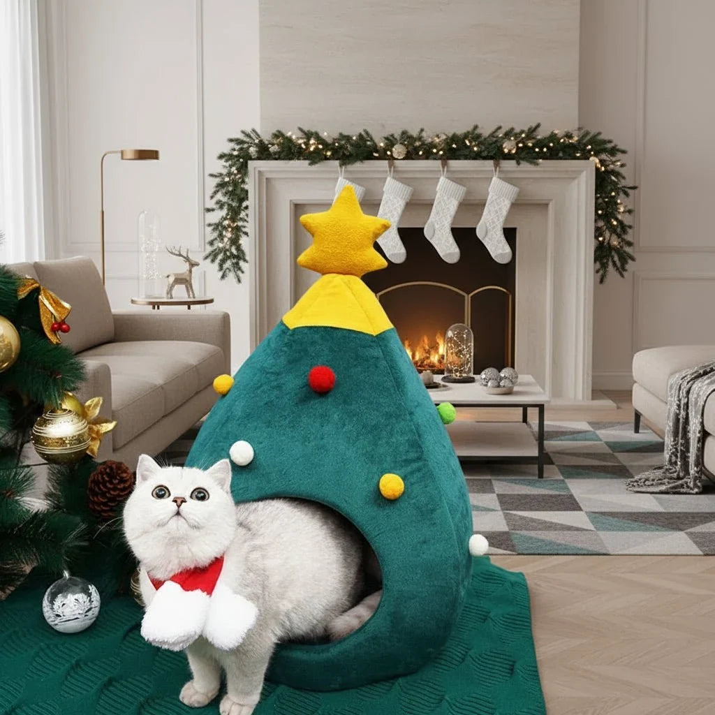 Pluche kerstboom kattenbed
