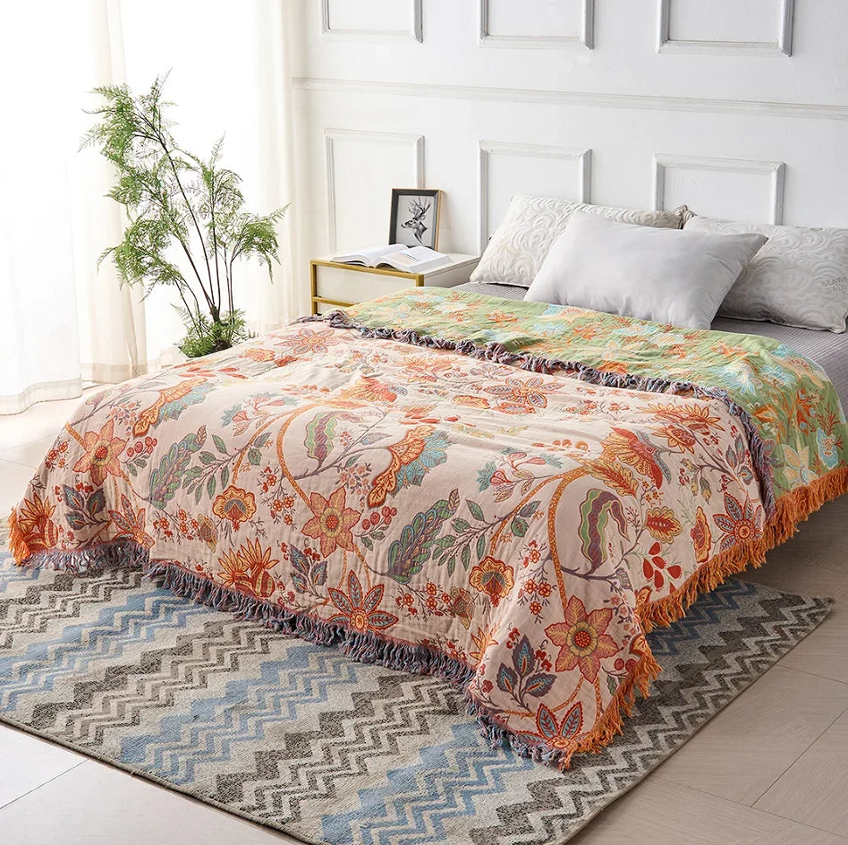 Boho Katoenen Woondeken met Bloemenprint