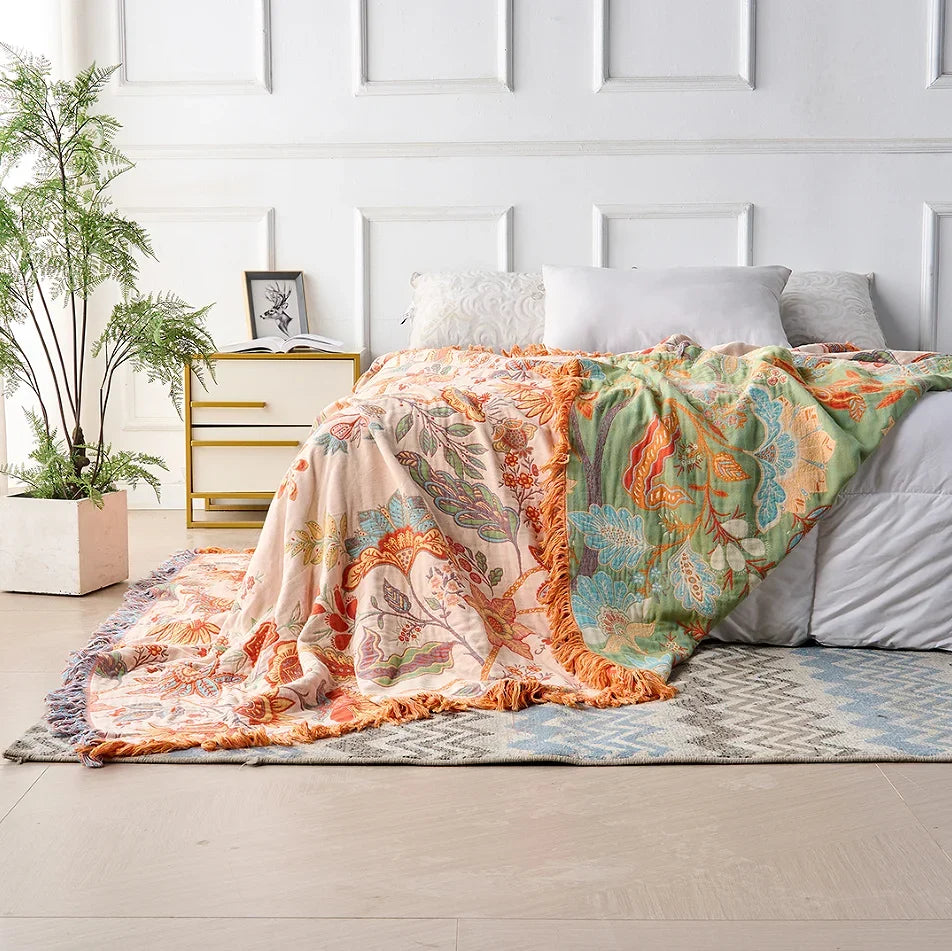 Boho Katoenen Woondeken met Bloemenprint