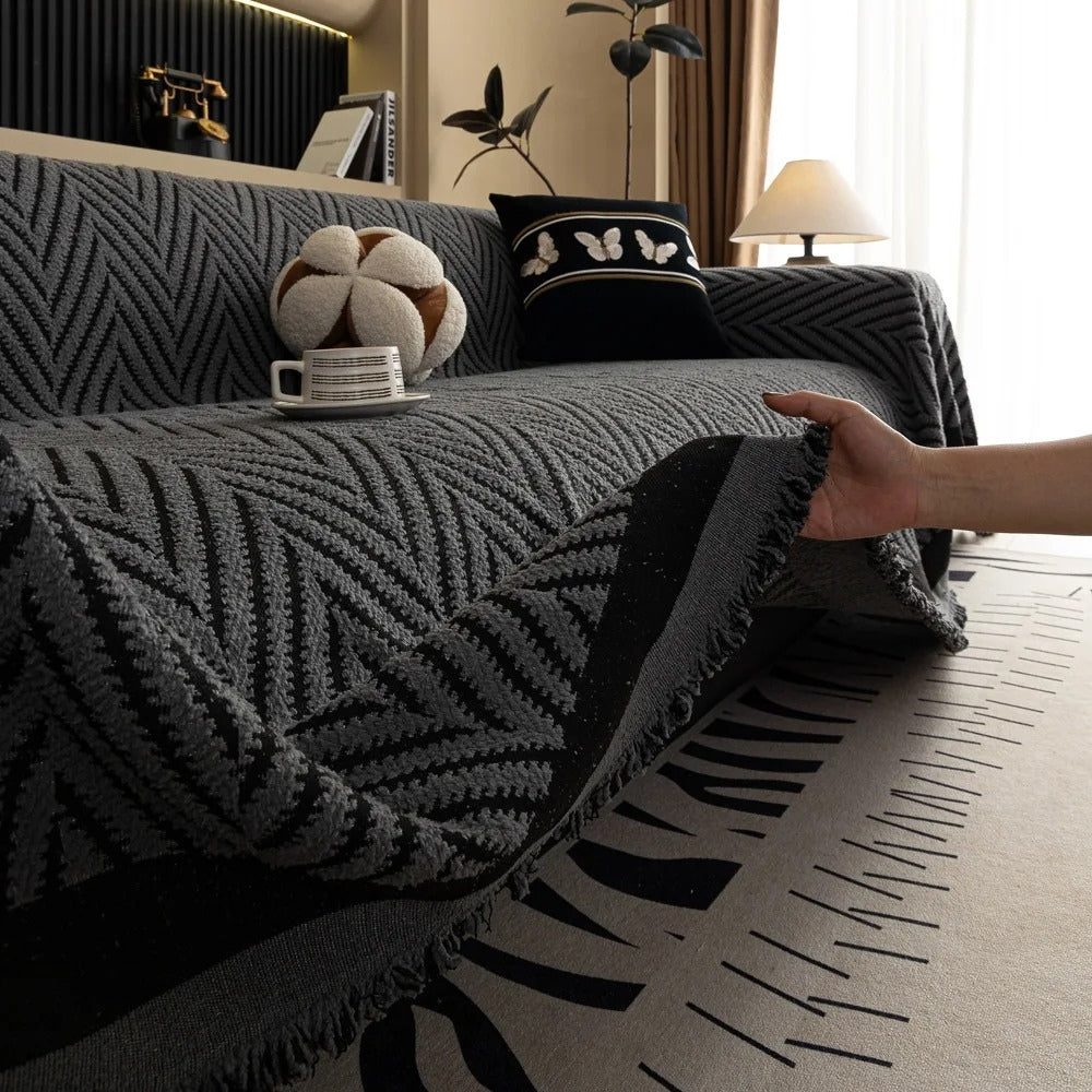 Chevron Visgraat Plaid Bankhoes Met Franjes