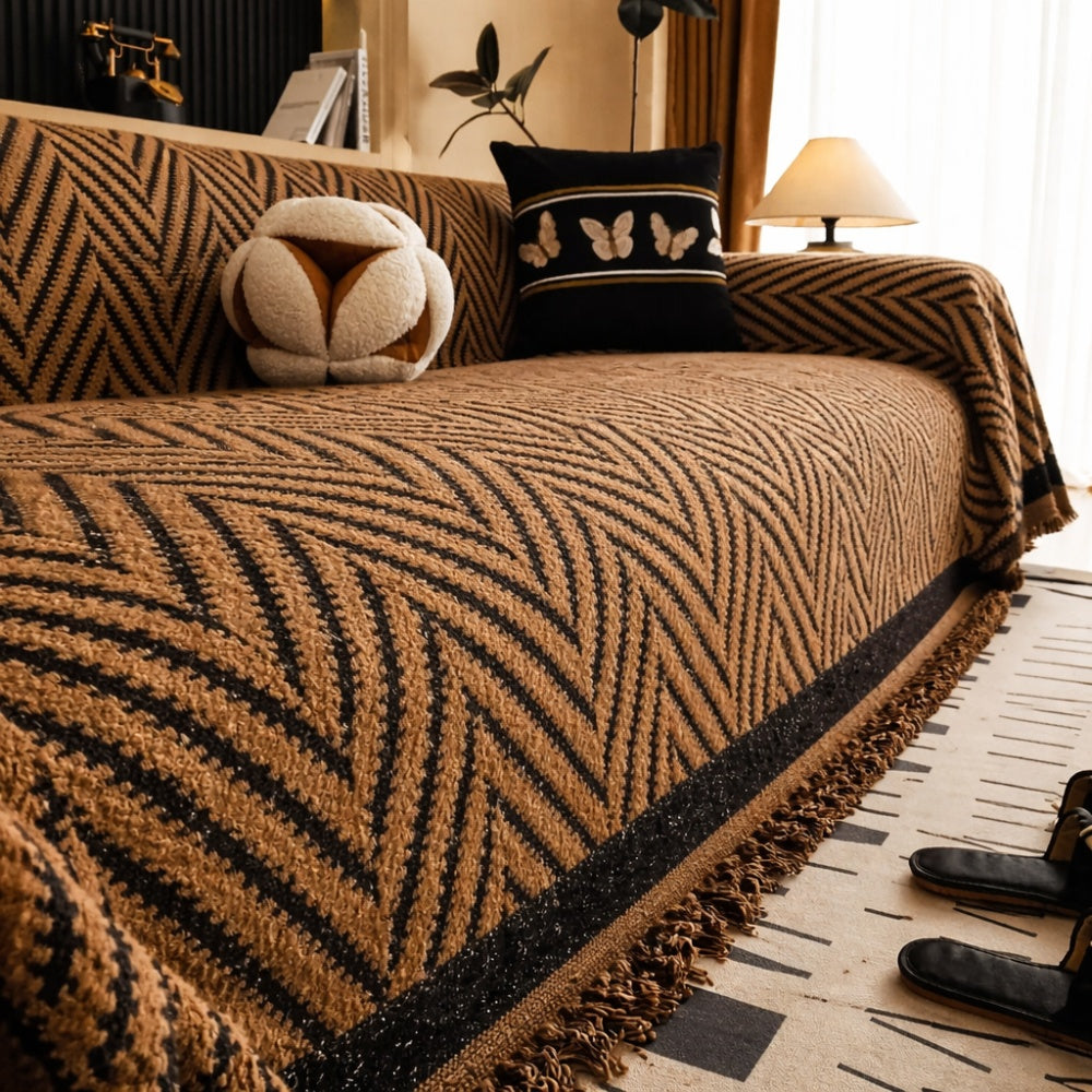 Chevron Visgraat Plaid Bankhoes Met Franjes