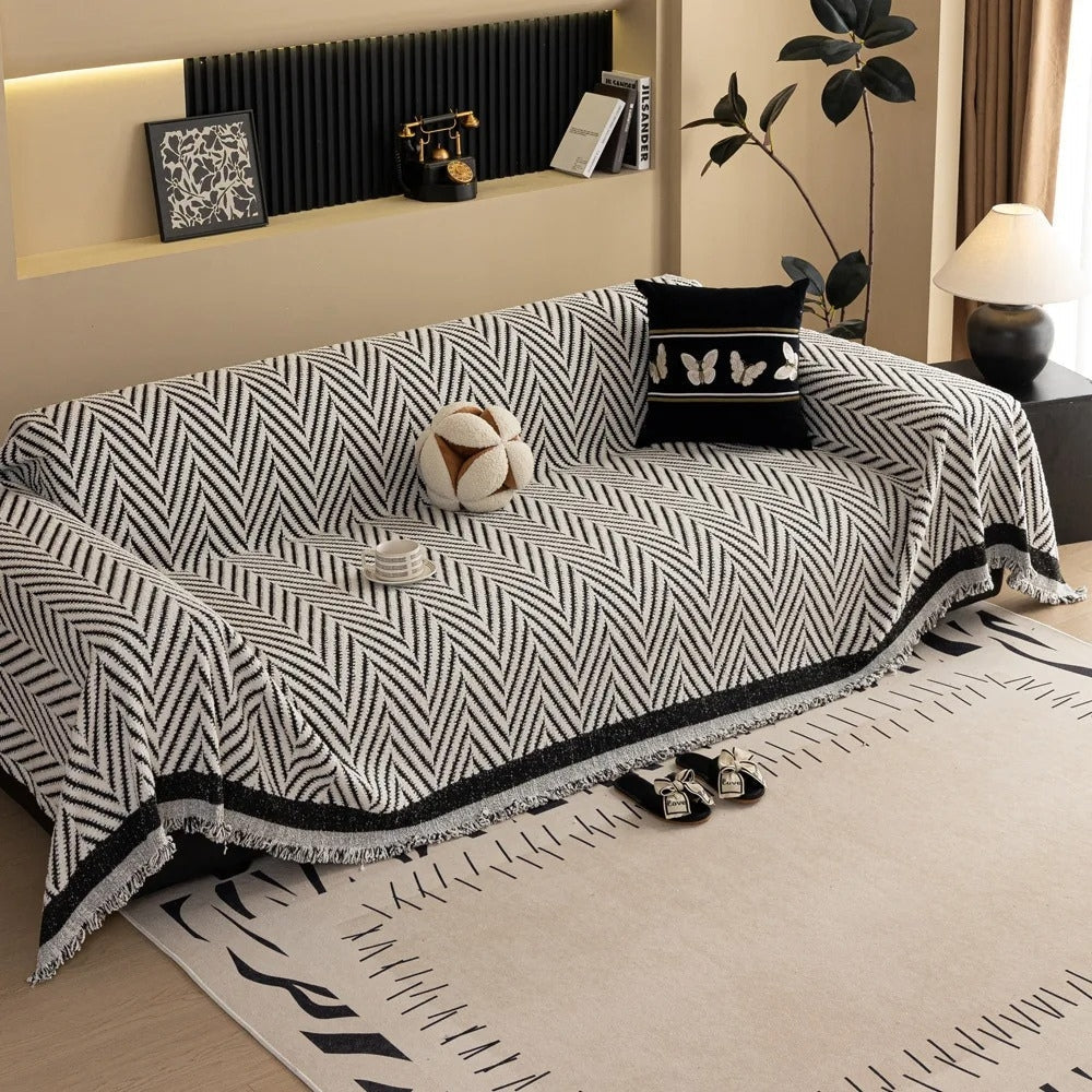 Chevron Visgraat Plaid Bankhoes Met Franjes