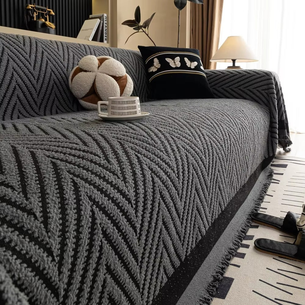 Chevron Visgraat Plaid Bankhoes Met Franjes