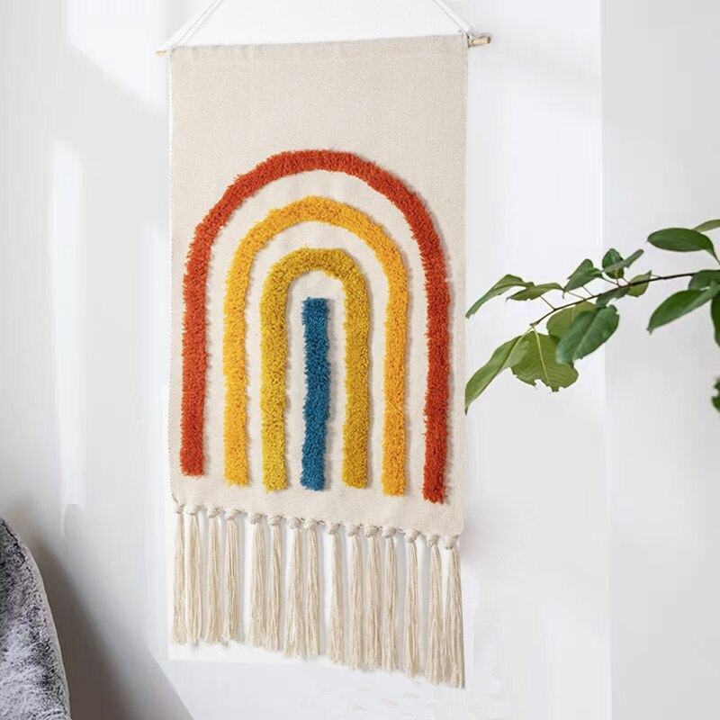 Geometrisch getuft wandtapijt met franje