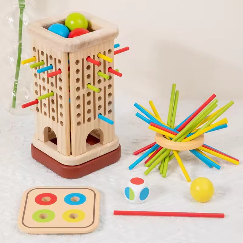Montessori houten stoktoren spel met dobbelsteen