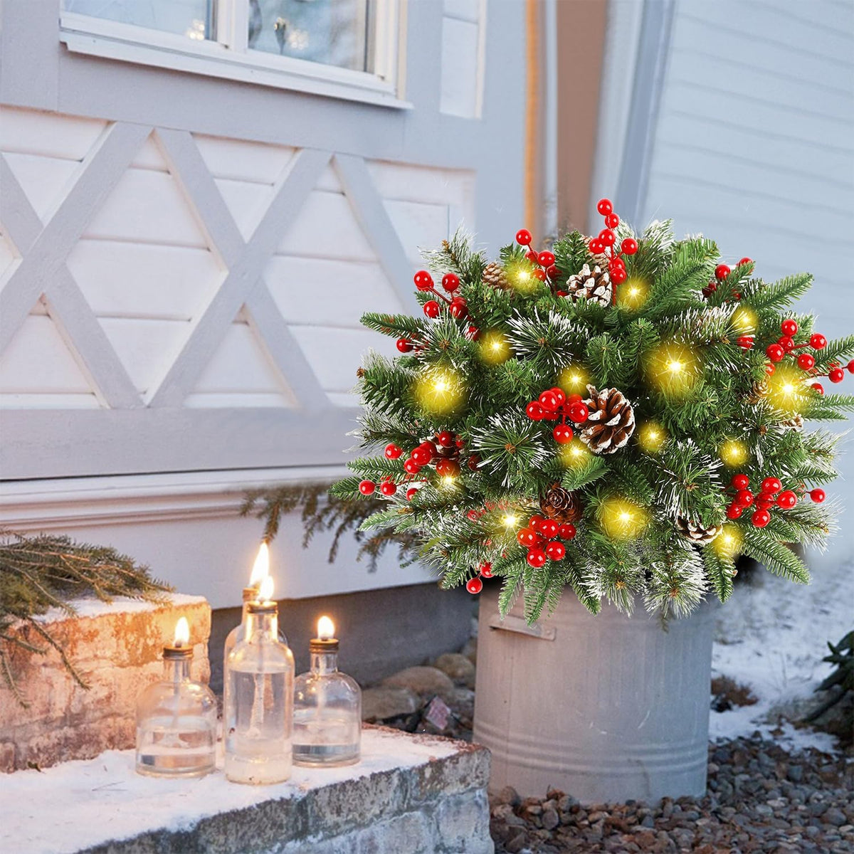 Verlichte kerstkrans met standaard