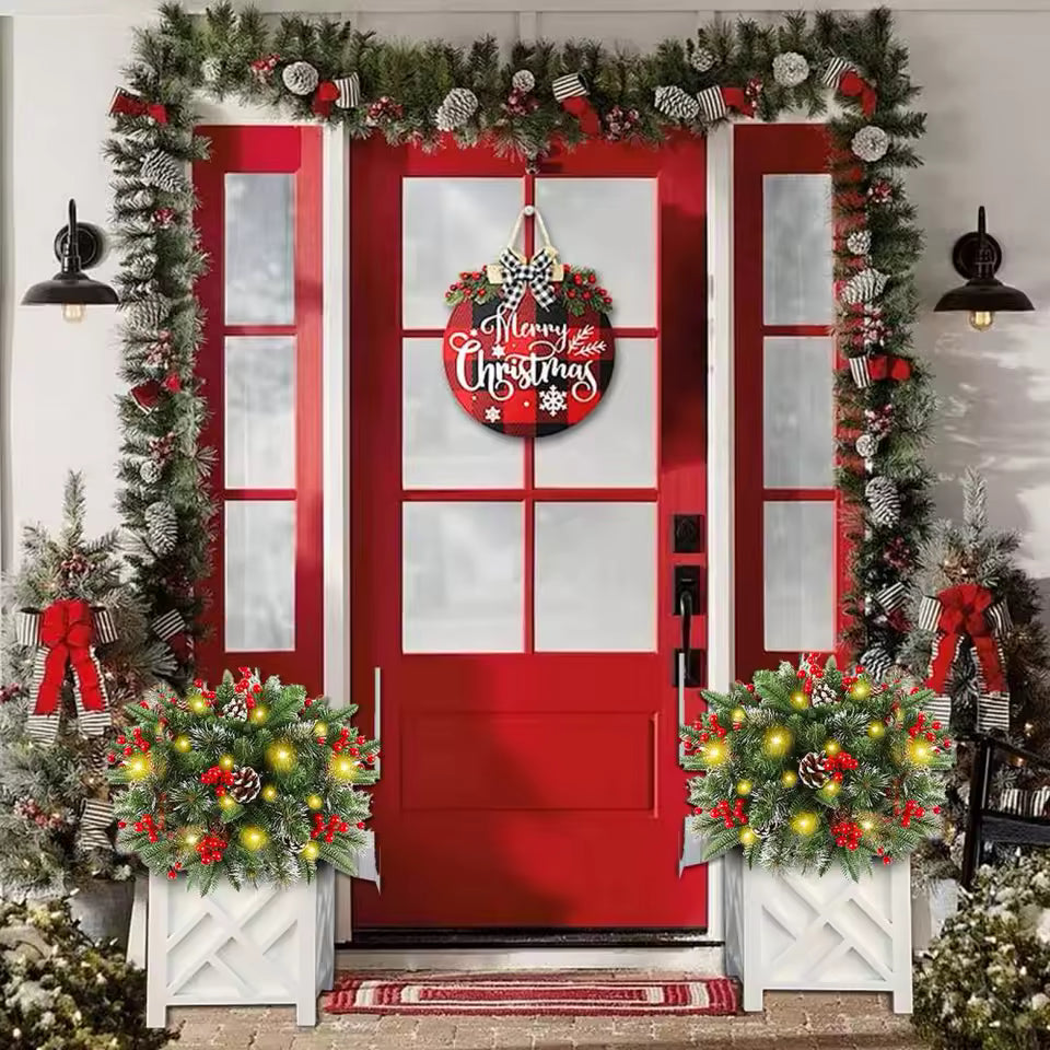 Verlichte kerstkrans met standaard