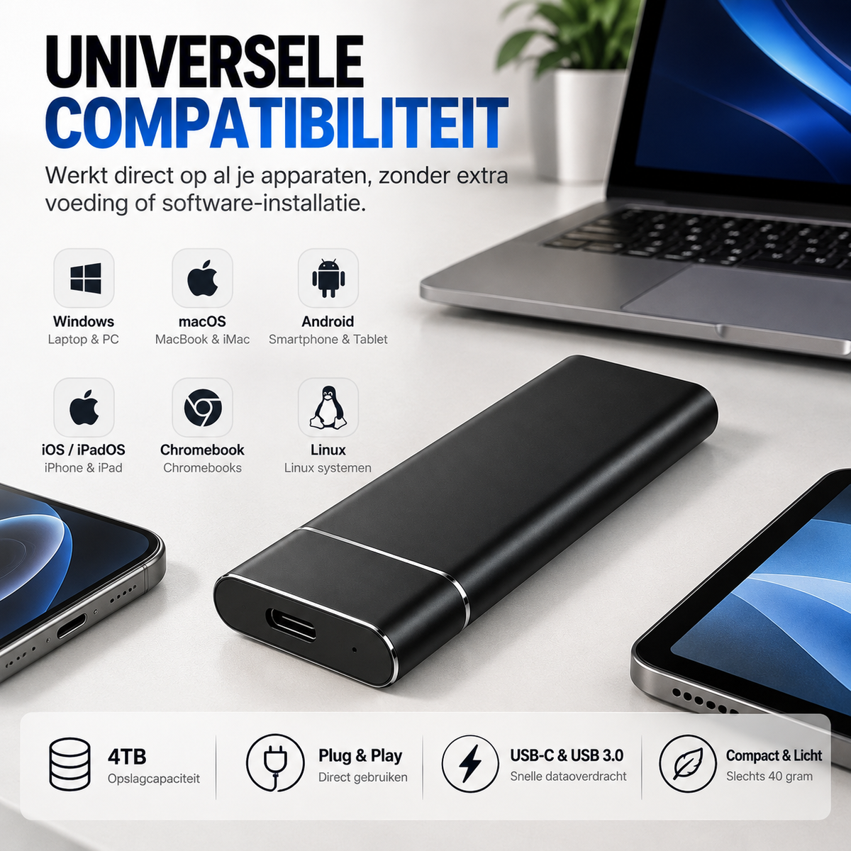 4TB Externe SSD Schijf - USB-C & USB 3.0 - Portable Opslag - Plug & Play