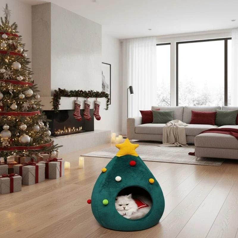 Pluche kerstboom kattenbed