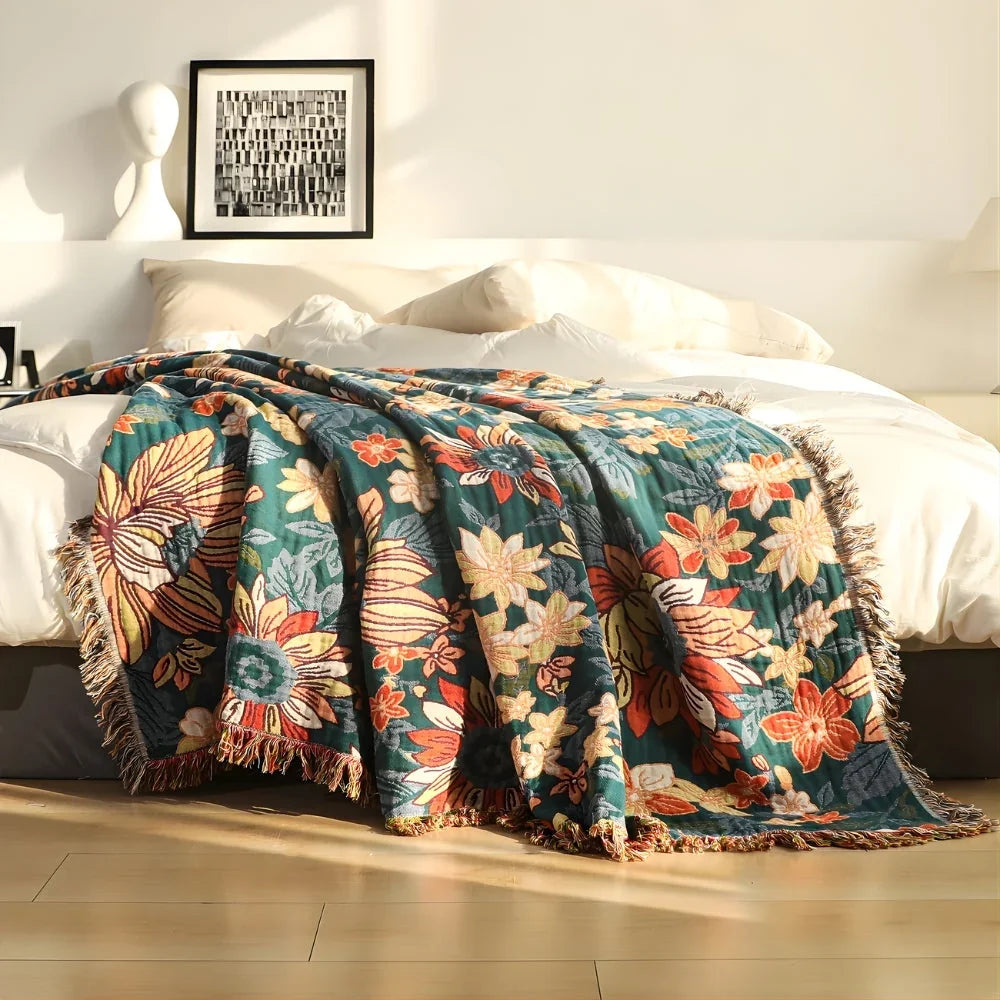 Mira katoenen plaid met bloemenprint en kwastjes