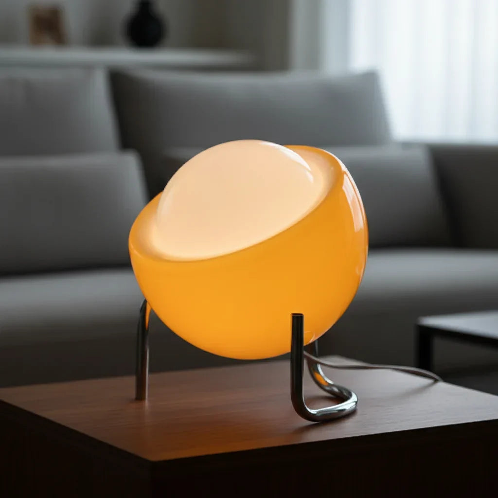 Retro glazen tafellamp met metalen voet