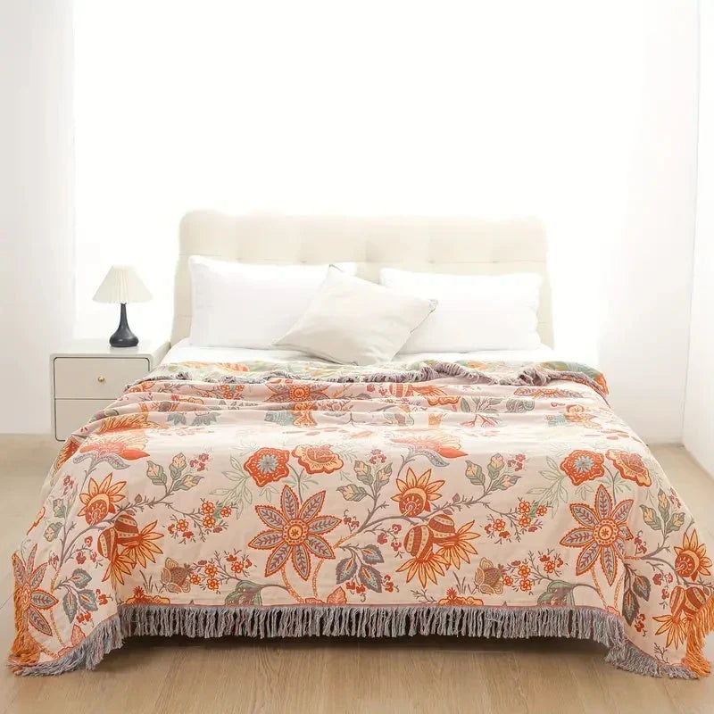 Boho Katoenen Woondeken met Bloemenprint