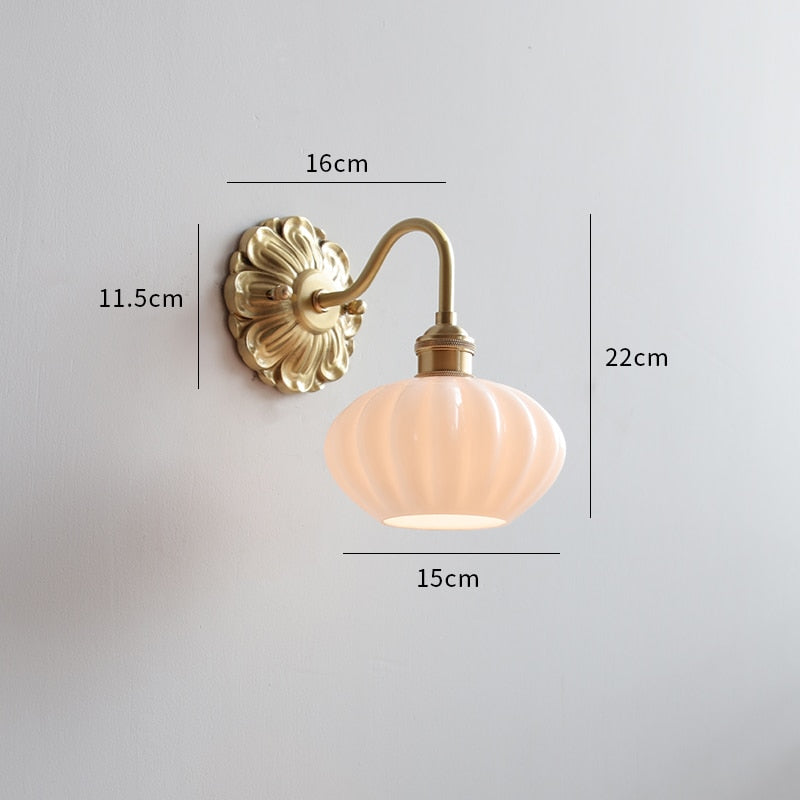 Vintage Koperen Wandlamp Met Matglazen Kap