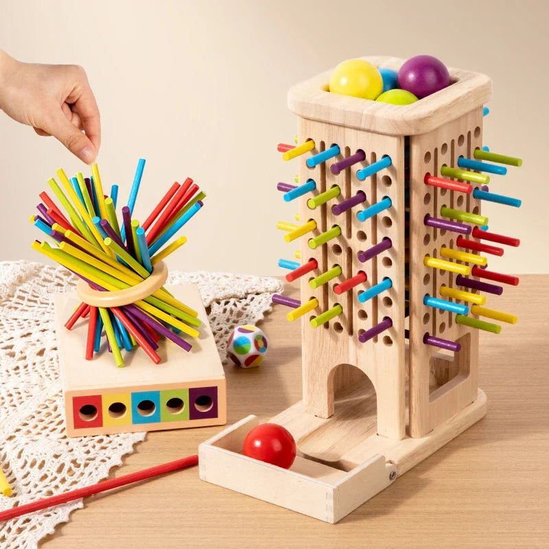 Montessori houten stoktoren spel met dobbelsteen