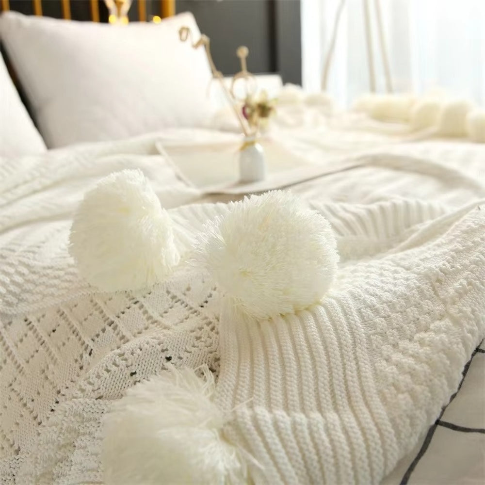 Zachte microvezel fleece deken met pompons