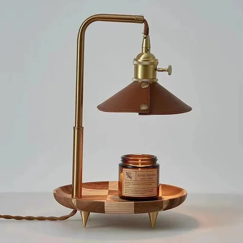 Kaarsverwarmer tafellamp van hout en messing