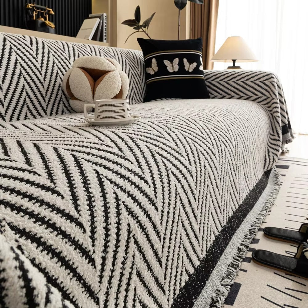 Chevron Visgraat Plaid Bankhoes Met Franjes