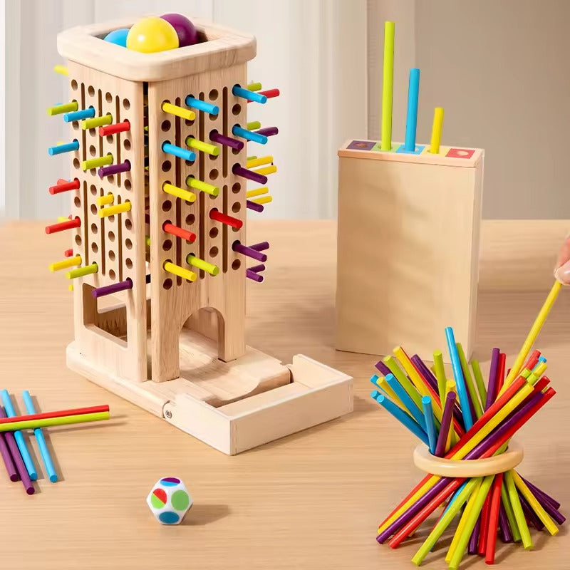 Montessori houten stoktoren spel met dobbelsteen