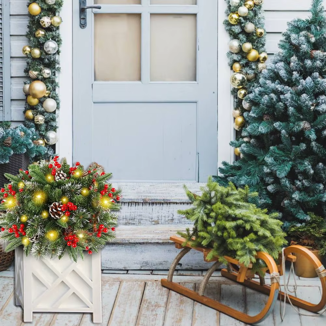 Verlichte kerstkrans met standaard